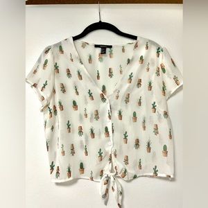Cropped cactus print button-up